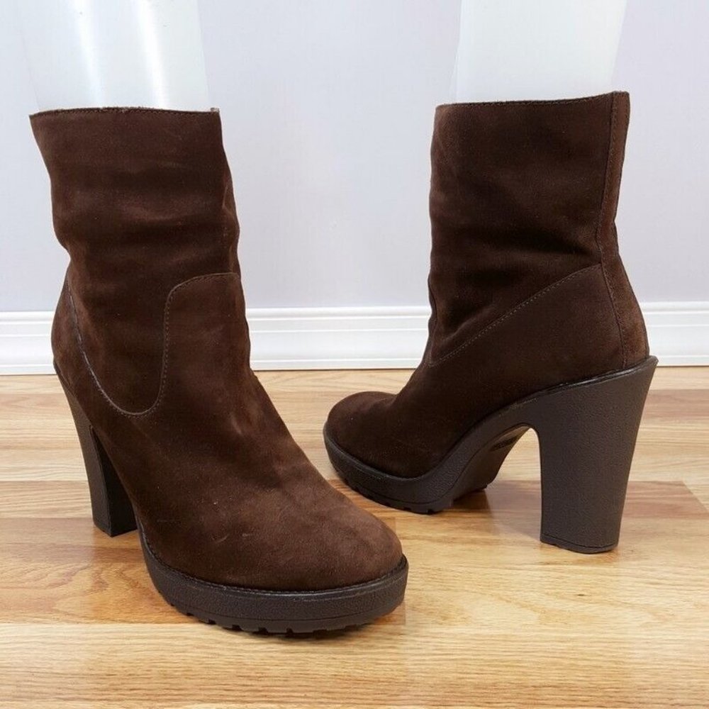 COACH Size 8.5 Brown Suede Laurette Chunky Block Heel Boots